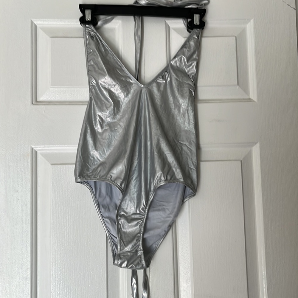 Halloween/rave/sorority rush event silver holographic tie up bodysuit for women